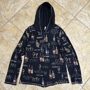 Jess & Jane Wine Print Zip Hoodie Jacket Black Graphic Size M/L
